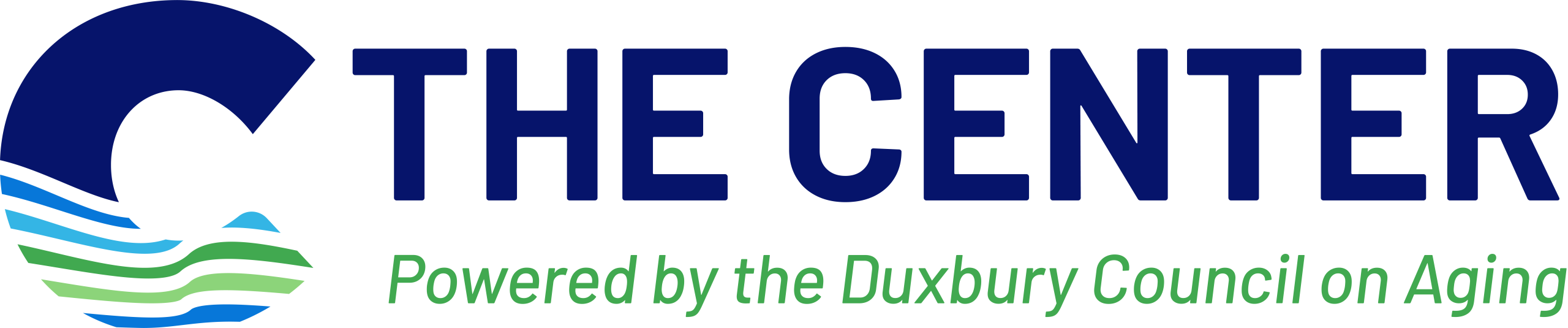 Logo for The Center featuring a circular emblem with layered blue and green waves and a small blue shape, followed by dark blue 'THE CENTER' text and a green 'Powered by the Duxbury Council on Aging' tagline.